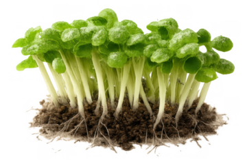 Fresh green sprouts growing in soil, healthy microgreens for organic nutrition and natural cultivation, transparent background