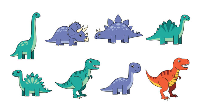 Large collection of cute and colorful cartoon dinosaur characters including t-rex and stegosaurus for children's illustrations.