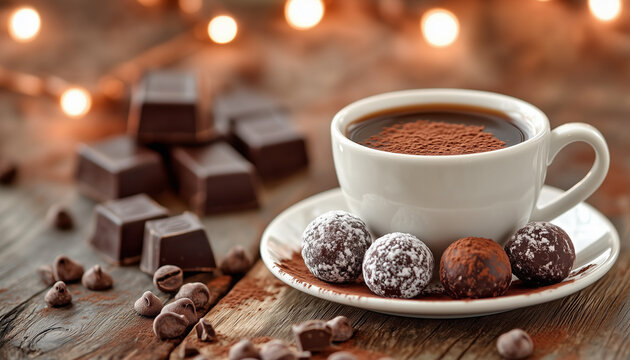 Coffee and chocolate truffle on a wooden table with a restaurant menu in the background perfect for breakfast in the cafe