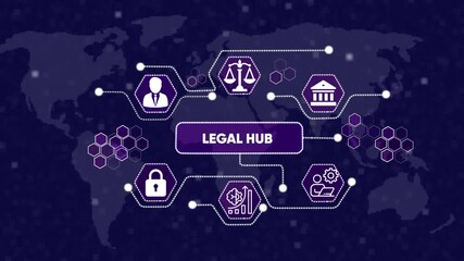 Global Legal Hub Network Concept with Icons world map.with social media icons on technology abstract 4K Animation background. - Powered by Adobe