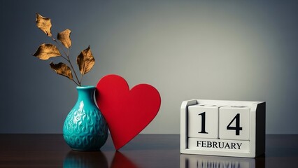 Romantic Valentine's Day decor with heart and calendar on table  