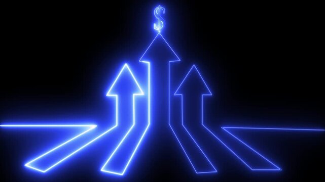 Glowing neon line icon and up arrow animation on black background. Neon up arrow concept and business graph doller icon animation.