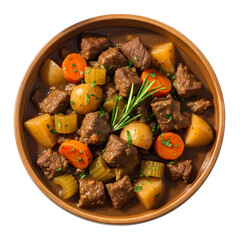Beef stew in wooden bowl with rustic texture in warm lighting for comfort food advertising.
