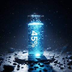 Futuristic digital battery indicator showcasing a 45% charge level, glowing with vibrant blue energy in a dark, conceptual environment, symbolizing modern power management and technological readiness