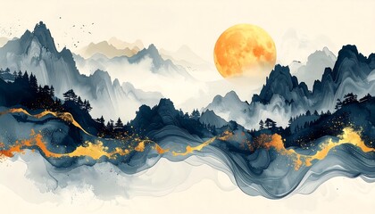 Watercolor Painting of Mountains and River Landscape.