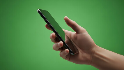 A close-up shot of a hand holding a modern smartphone with a vibrant green background, perfect for showcasing mobile app interfaces or digital content