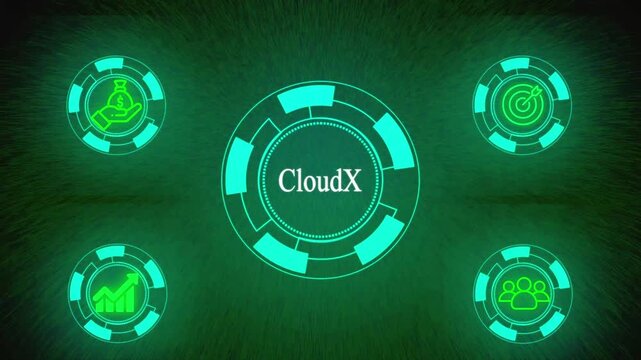 Futuristic Business Technology Interface with Finance and Growth Icons .Management System CLOU DX digital interface with icons for collaboration