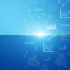 Abstract digital illustration of mathematical formulas, binary code, and circuit board elements on a bright blue gradient background, symbolizing technology and science