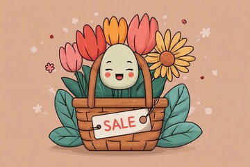Unique basket with flowers and a smiling face for sale on a simple background