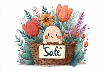 Cute character holding a sale sign in a basket surrounded by colorful flowers in a bright and cheerful setting