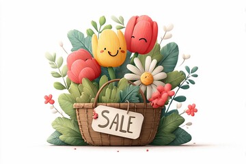 Colorful flowers in a basket with a sale sign in a bright and cheerful setting during spring season