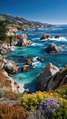 Fototapeta premium Rugged coastline with turquoise water crashing on rocky cliffs, distant hills, and colorful wildflowers in the foreground. Concept Rugged Coastline, Turquoise Water, Rocky Cliffs, Distant Hills