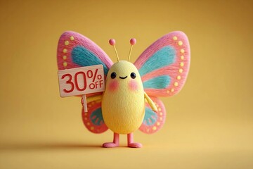 Colorful butterfly figure holds a sign displaying thirty percent discount on a plain background