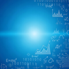 Abstract Scientific and Technological Blue Background, Featuring Interconnected Equations, Graphs, and Digital Data Flow, Symbolizing Innovation and Future Development