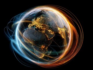 Representations of a globe showing lights and lines around continents at night with swirling colors in a dark background