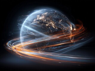 Glowing earth surrounded by dynamic light streaks in a dark cosmic space showing movement and energy