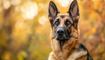 Close-up of a German sheepdog against a scenic natural background, animal conservation focus