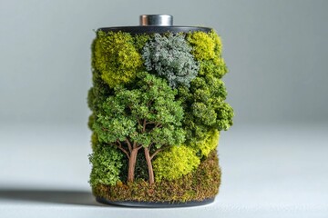 Battery shaped like a forest with trees and greenery in a studio setting