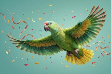 Colorful parrot flies among confetti in a party scene during festive celebrations