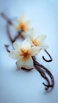 Vanilla orchid flowers with curling vanilla pods. Concept Vanilla orchid blossoms, curling vanilla pods, tropical floral close-up, aromatic orchids, exotic vanilla details