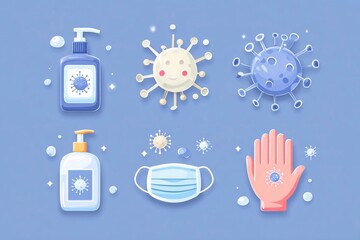Virus, hand sanitizer, mask, and germs in a simple design showing important health items for protection