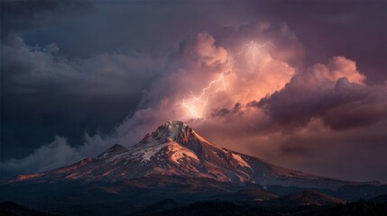 Majestic mountain peak illuminated by dramatic cloud cover and golden sunlight