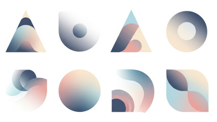 Set of abstract geometric shapes with soft pastel gradients featuring circles triangles and squares with fluid wave patterns and elegant transparency effects on a white background