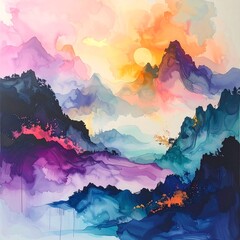 Vibrant Watercolor Painting of Mountain Landscape.