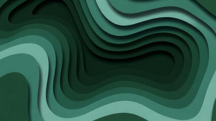Abstract 3D paper cut background with emerald and forest green wavy layers creating a deep topographical landscape design with soft shadows and organic curves