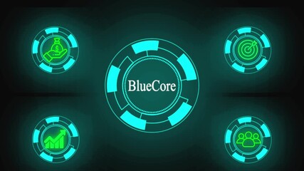 Futuristic Business Technology Interface with Finance and Growth Icons .Management System BLUECORE digital interface with icons for collaboration - Powered by Adobe