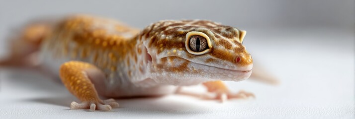 Obraz premium Close-up of a leopard gecko with distinctive eyes on white background