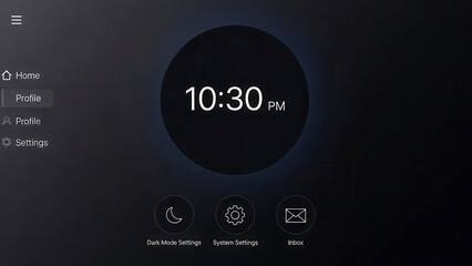 Modern dark mode user interface dashboard design featuring a glowing digital clock display with sleek navigation icons for home profile and system settings on a black background