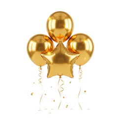 Golden balloons and star with confetti in bright studio lighting on white background for celebration.