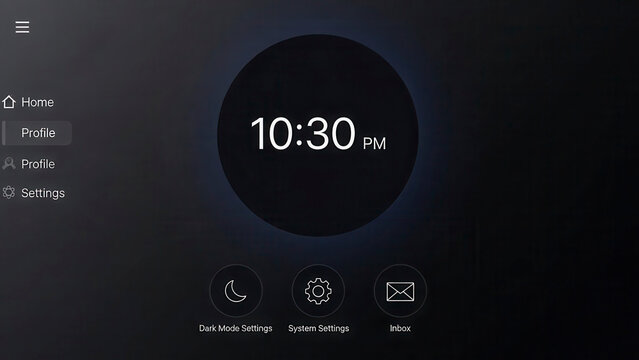 Modern dark mode user interface dashboard design featuring a glowing digital clock display with sleek navigation icons for home profile and system settings on a black background - Powered by Adobe