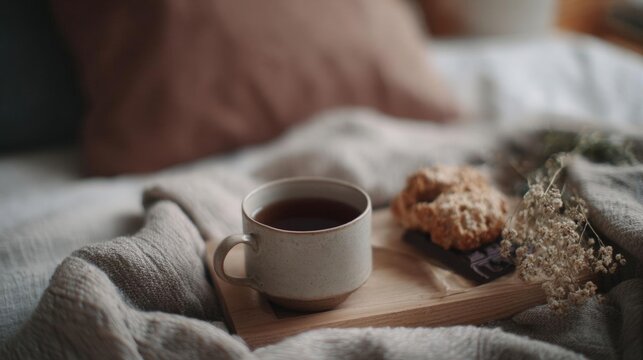 Wooden tray on a bed with a white blanket and a pink pillow. on the tray, there is a white mug filled with dark liquid, possibly tea or coffee.