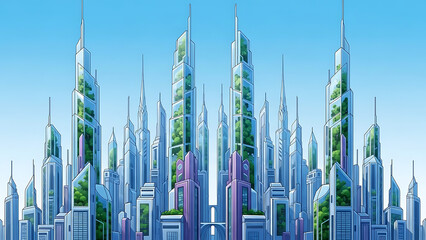 Futuristic cityscape with sleek skyscrapers and greenery, modern architecture, urban landscape, sustainable design, eco friendly buildings, clear blue sky, daytime