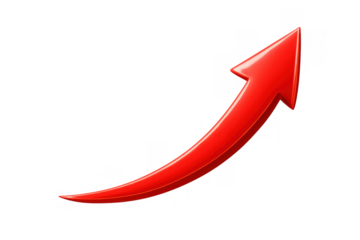 Red curved arrow indicating growth, success, and rising trends in business, finance, or market performance. Transparent background