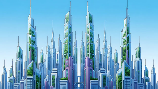 Futuristic cityscape with sleek skyscrapers and greenery, modern architecture, urban landscape, sustainable design, eco friendly buildings, clear blue sky, daytime - Powered by Adobe