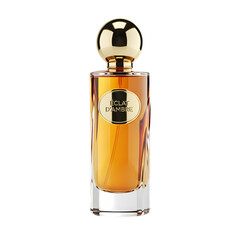 Perfume bottle with amber liquid and gold cap in elegant studio lighting on white background for luxury advertising.