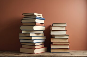 Stacks of old books rest on a wooden shelf against a brown wall. Hardcovers and paperbacks create piles for learning, study, and reading. This image represents knowledge, education, and research.