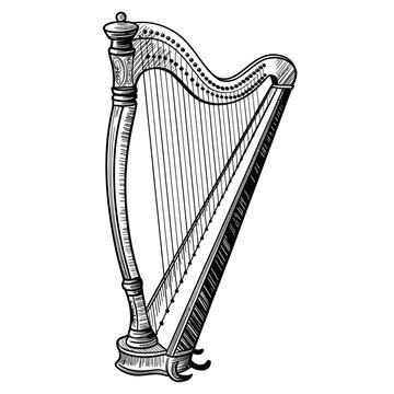 An elegant vintage harp illustration detailed strings and ornate wooden frame