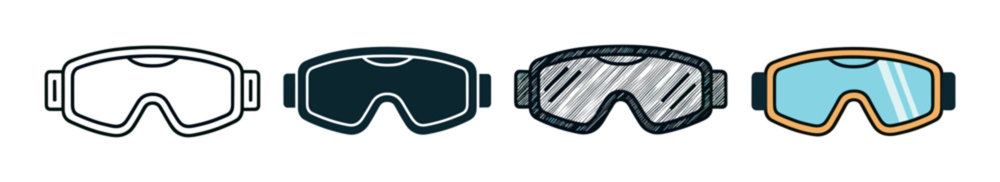 Set of four ski goggle icons presented in various graphic styles including simple line art, a solid silhouette, a hand-drawn sketch, and a flat color illustration