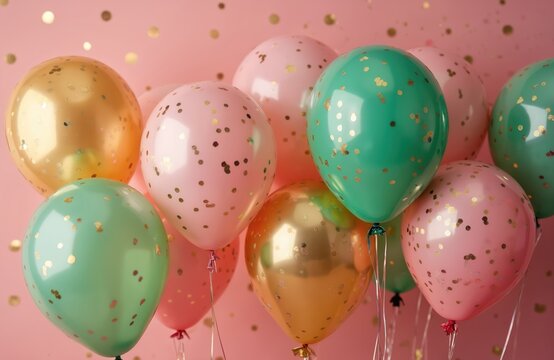 Group of colorful balloons with gold confetti float on pink background. Mint, pink, gold spheres have shiny surface. Happy party, birthday or wedding celebration atmosphere. - Powered by Adobe