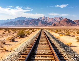 Railway Tracks in Desert Landscape with Mountains.