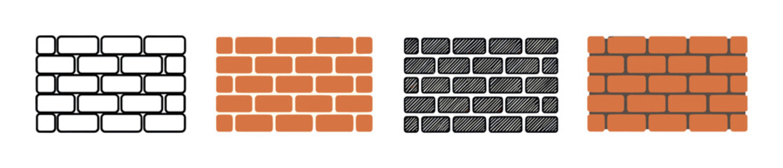 Set of four brick wall icons showing different graphic design styles including simple outline, flat color, and a hand-drawn sketch for building or construction themes