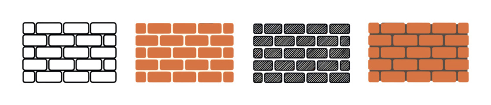 Set of four brick wall icons showing different graphic design styles including simple outline, flat color, and a hand-drawn sketch for building or construction themes
