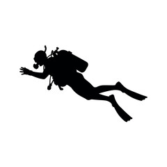 Scuba diver silhouette isolated on white background underwater exploration concept