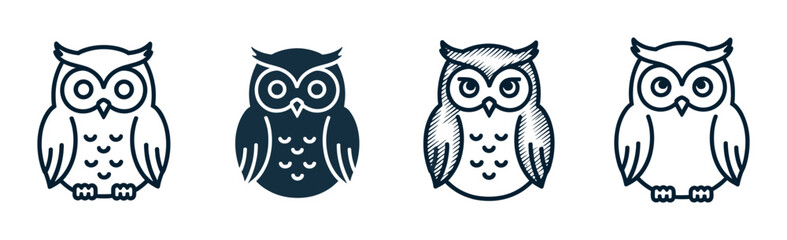 Four cute owl vector icons set in different graphic styles including outline, glyph, and sketch for a logo or emblem design, a collection of nocturnal bird symbols