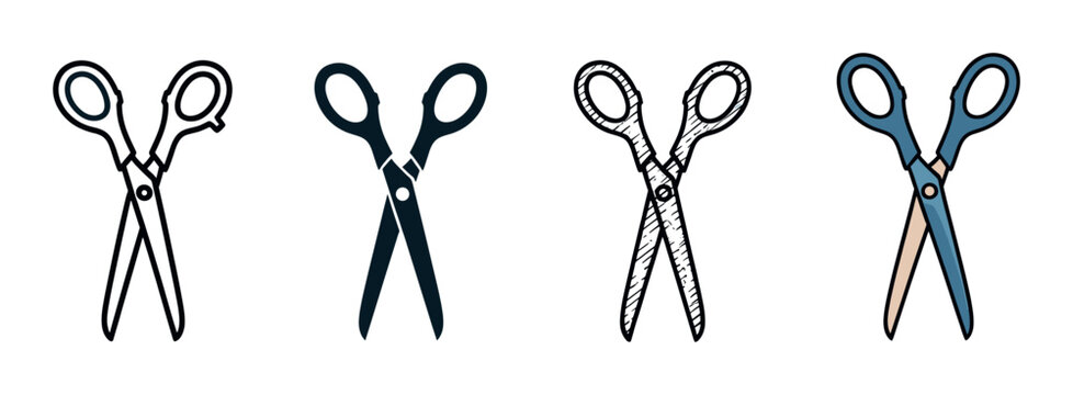 Set of four scissors icons presented in different artistic styles including a simple outline, a solid silhouette, a hand-drawn sketch, and a colorful cartoon illustration