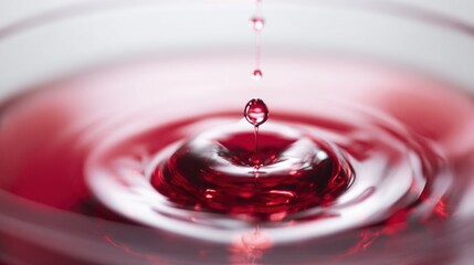 Close up of a falling liquid drop with ripples and reflections